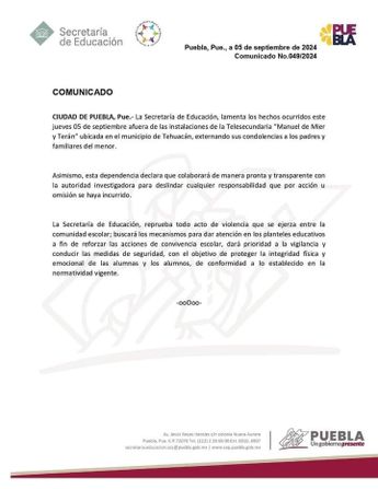 SEP lamenta muerte de un estudiante frente a telesecundaria de Tehuacán / Cortesía