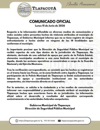 Comunicado oficial sobre lo ocurrido en límites de Tlapacoya y Jopala / Cortesía Ayuntamiento de Tlapacoya