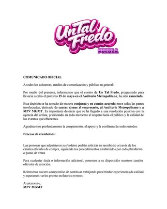 Comunicado oficial emitido por MPV MGMT donde se informa la cancelación definitiva del evento / Redes sociales