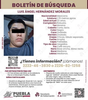 La ficha de búsqueda de Ángel Hernández apunta a que su desaparición en Puebla tuvo lugar el 17 de octubre / Cortesía