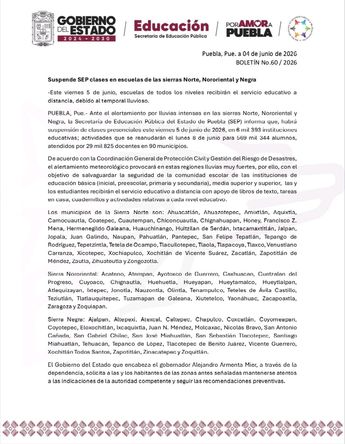 Comunicado de la SEP en el que informa suspensión de clases por pronóstico de lluvias / SEP Puebla