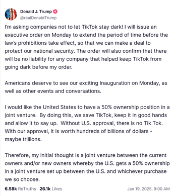 Anuncio de Donald Trump contra cierre de TikTok en EU (@Truthsocial)
