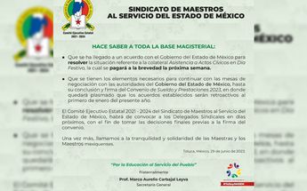 Comunicado del Sindicato de Maestros al Servicio del Estado de México | Twitter @SMSEMmx
