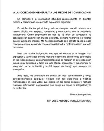 Comunicado emitido por José Antonio Pérez Arechiga, que se deslinda de los señalamientos / Redes sociales