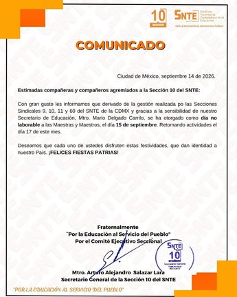 Comunicado SNTE sobre clases el 15 de septiembre. | Cortesía