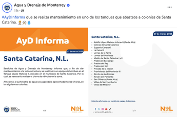 Comunicado de Agua y Drenaje de Monterrey. | Especial