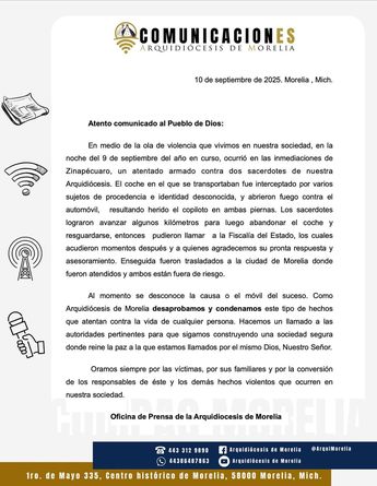 Comunicado de la Arquidiócesis de Morelia sobre la situación exigiendo justicia | Facebook - Arquidiócesis de Morelia