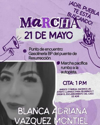 Cartel de invitación a la movilización por Blanca Adriana en Puebla / Redes sociales