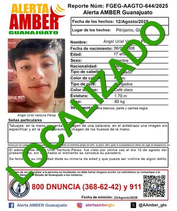 Ángel Uriel, de 17 años fue localizado con vida. Foto: X: Alerta Amber