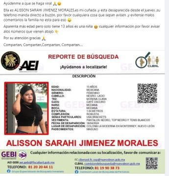 La familia de Alisson Sarahí pide apoyo en redes para localizarla. | Especial