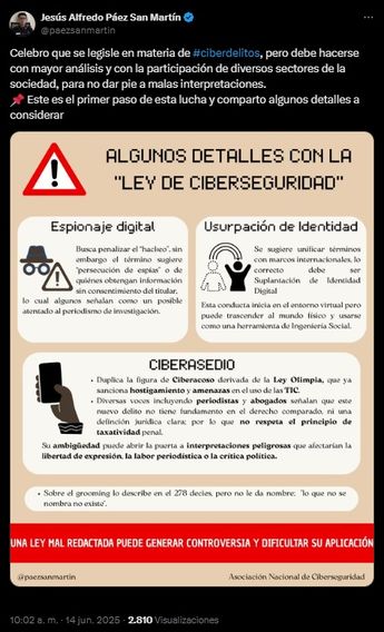 En X, Jesús Alfredo Páez señaló algunos detalles que se deben revisar en la Ley de Ciberseguridad / Captura de Pantalla de X