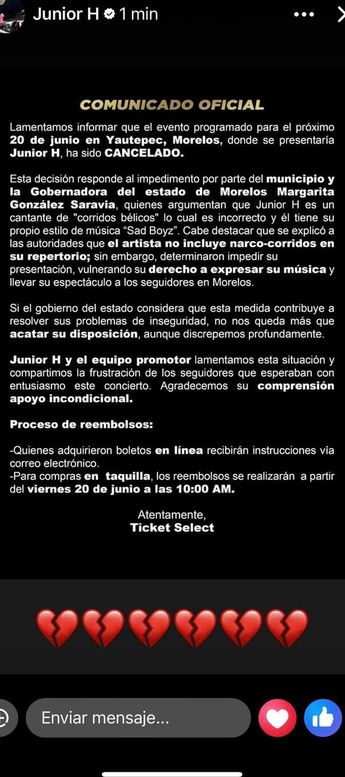 Junior H volvió a romper el silencio y externó su opinión respecto a las restricciones actuales con los corridos bélicos. | Instagram Junior H