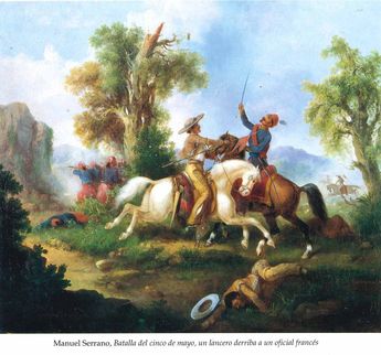 Batalla del 5 de Mayo, un lancero derriba a un oficial francés / Manuel Serrano / Técnica: Óleo sobre tela