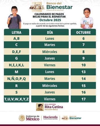 Calendario Beca Rita Cetina de octubre 2025. | Gobierno de México