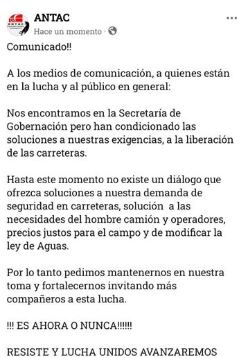 Los transportistas y agricultores indicaron que, hasta el momento, no existe un diálogo que ofrezca soluciones con la Segob | ANTAC