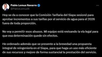 Declaraciones de Pablo Lemus en X | @PabloLemusN vía X