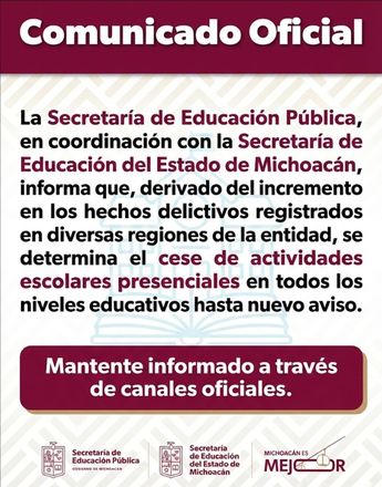 Suspensión de clases en Michoacán. | Gobierno de Michoacán