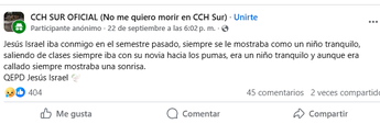Estudiantes del CCH Sur recuerdan a Jesús Israel como un "niño tranquilo" | Facebook