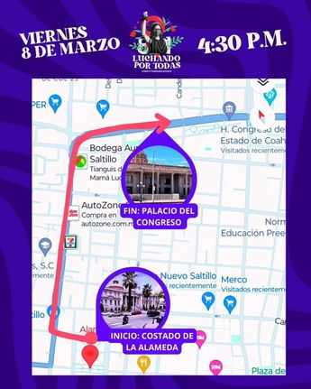 La marcha del 8 de marzo del Frente Feminista de Saltillo terminará frente al Palacio del Congreso.