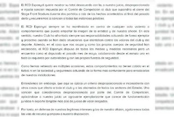 Comunicado Espanyol tema invasión de cancha / CORTESÍA: @RCDEspanyol