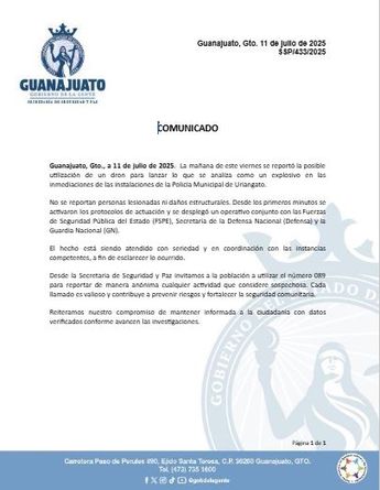 Comunicado emitido por la Secretaría de Seguridad de Guanajuato.