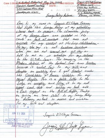 Carta escrita a mano de 'El Chapo' Guzmán. | Especial