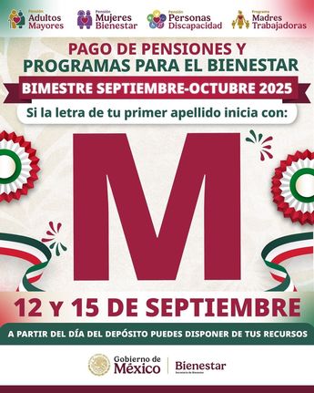 La Secretaría de Bienestar reanudará los pagos de las Pensiones para el Bienestar de las personas mayores el día miércoles 17 de septiembre de 2025.