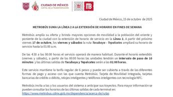 Los viernes y sábados, la Línea 2 del Metrobús estará hasta las 01:00 horas | X: @MetrobusCDMX