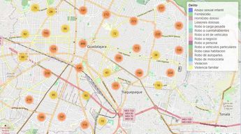 Mapa de zonas con más delitos registrados en Guadalajara. | IIEG Jalisco