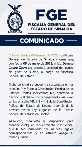 Comunicado de la Fiscalía General del Estado de Sinaloa sobre Dámaso Castro, vicefiscal de Sinaloa. | X @FiscaliaSinaloa