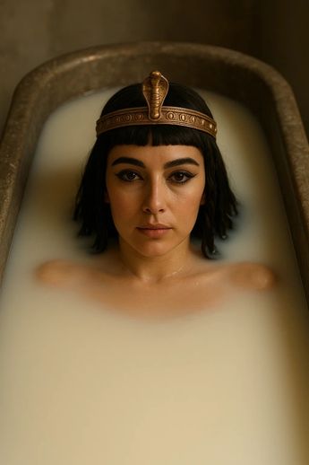 El mito de que Cleopatra se bañaba en leche de burra para suavizar su piel surgió de su amor al lujo y a los tratamientos de belleza. (Sora IA)