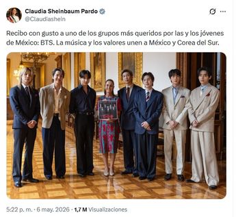 Foto de Sheinbaum y BTS en Palacio Nacional logra un millón de vistas en X. / Captura de pantalla