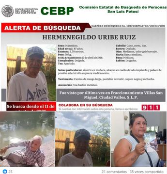 Publicación del DIF en busca de Hermenegildo Uribe Ruiz. / Especial