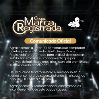 Marca Registrada cancela concierto en Saltillo | Historias de Instagram Lura Entertainment.