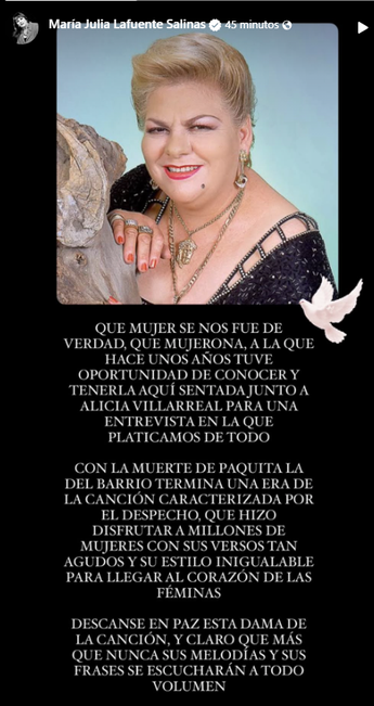 Mensaje de María Julia tras muerte de Paquito la del Barrio. | Especial