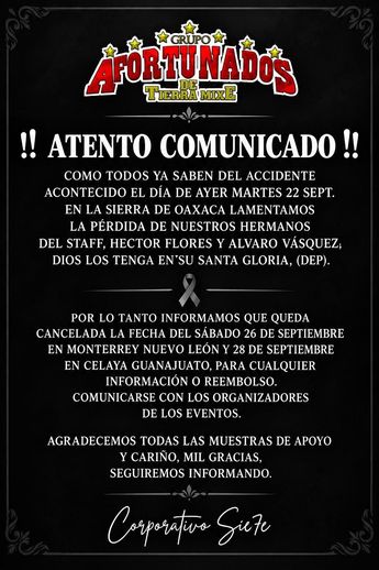 Las pérdidas humanas obligaron al Grupo Afortunados a cancelar algunas de sus fechas en México / Facebook: Grupo Afortunados de Tierra Mixe