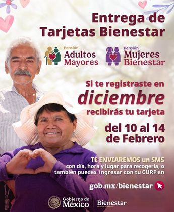 La Secretaría del Bienestar te enviará un SMS para recoger tu tarjeta de la Pensión Bienestar para Adultos Mayores | X: @A_MontielR