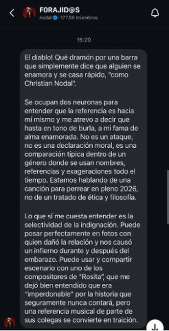 Mensaje de Christian Nodal a través de su canal de difusión.