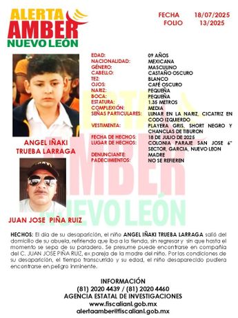 Alerta Amber emitida por la Fiscalía de Nuevo León. | Cortesía