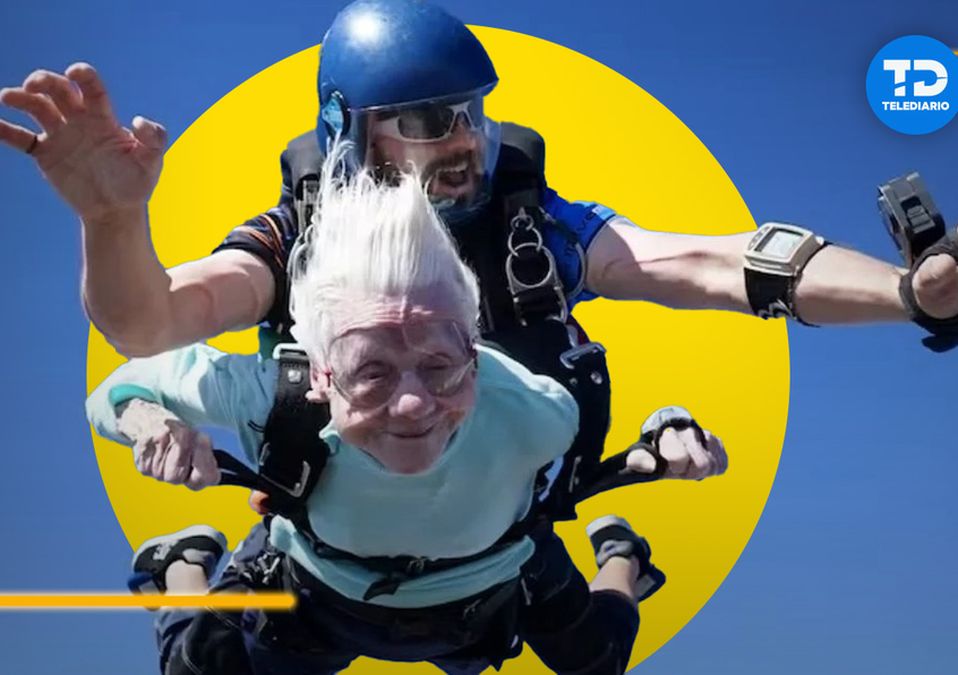 Abuelita de 104 años salta del paracaídas en Chicago. | Diseño Margarita Salmorán