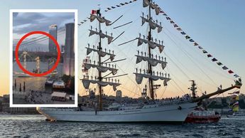 Así fue el momento en el que el Buque Cuauhtémoc de la Semar chocó contra Puente de Brooklyn