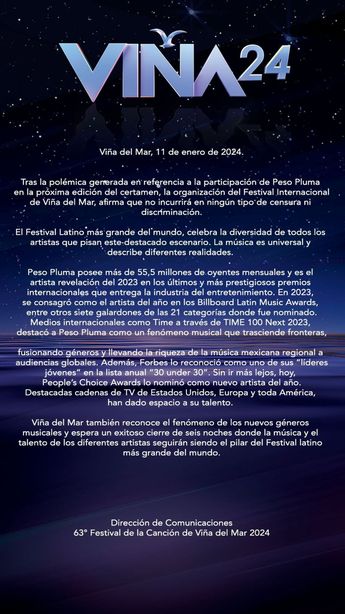 Fue a través de este comunicado que se confirmó la presencia de Peso Pluma en el Festival de Viña del Mar (Instagram/@elfestivaldevina)