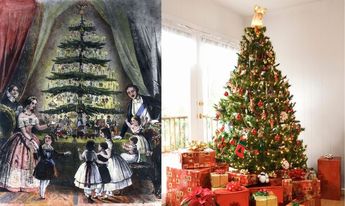 Príncipe Albert y reina Victoria posando en una revista de 1848 frente a un árbol de Navidad. / Cortesía.