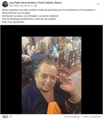 Juan Pablo agradeció el apoyo para contactar a su padre. | Juan Pablo Garcia Rosales vía Facebook.