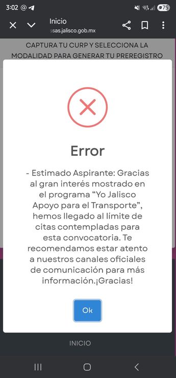La página arroja un mensaje que marca "error" a los aspirantes. | Sergio Ortiz