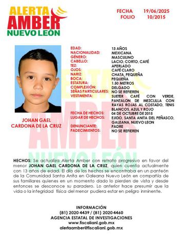 Alerta Amber actualizada sobre el caso de Johan Gael. | Cortesía