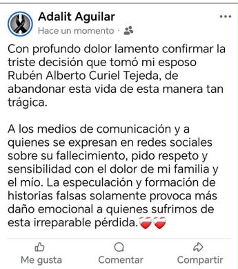 El mensaje de Adalit se apega a la versión de la Fiscalía de Puebla, donde se descarta un atentado de alguien más / Facebook: Adalit Aguilar