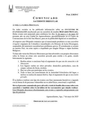 Advertencia realizada por autoridades eclesiásticas de Aguascalientes sobre Bernardo Moncada | Obispado de Aguascalientes