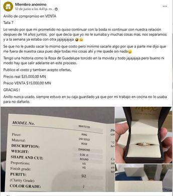Fue a través de varios grupos de novias en Facebook donde la regia publicó la venta del anillo. | Especial