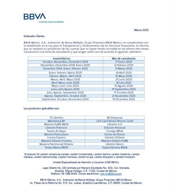 Aviso de BBVA por cancelación de cuentas 2025